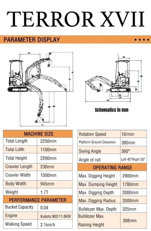 TYPHON TERROR XVII Heavy-Duty Mini Excavator โ 3800 lbs Rubber Track Digger with Kubota D902 Diesel Engine - Image 5